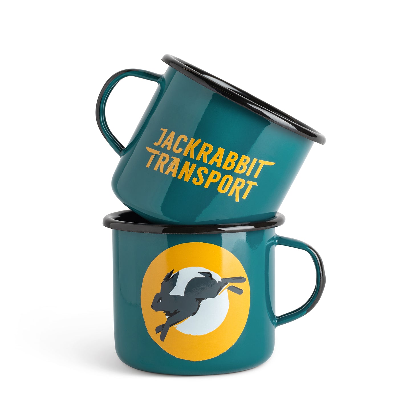 Two green mugs with 'Jackrabbit Transport' text and logo on a white background
