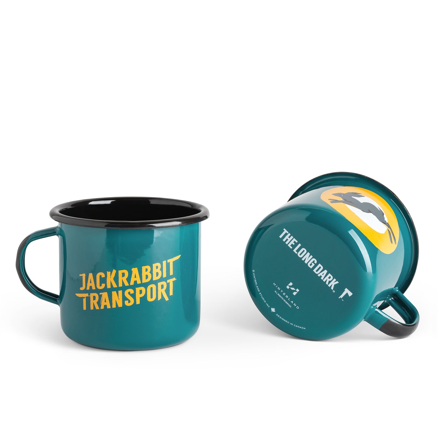 Teal mug with 'Jackrabbit Transport' text and another teal mug with 'The Long Dark' logo on a white background