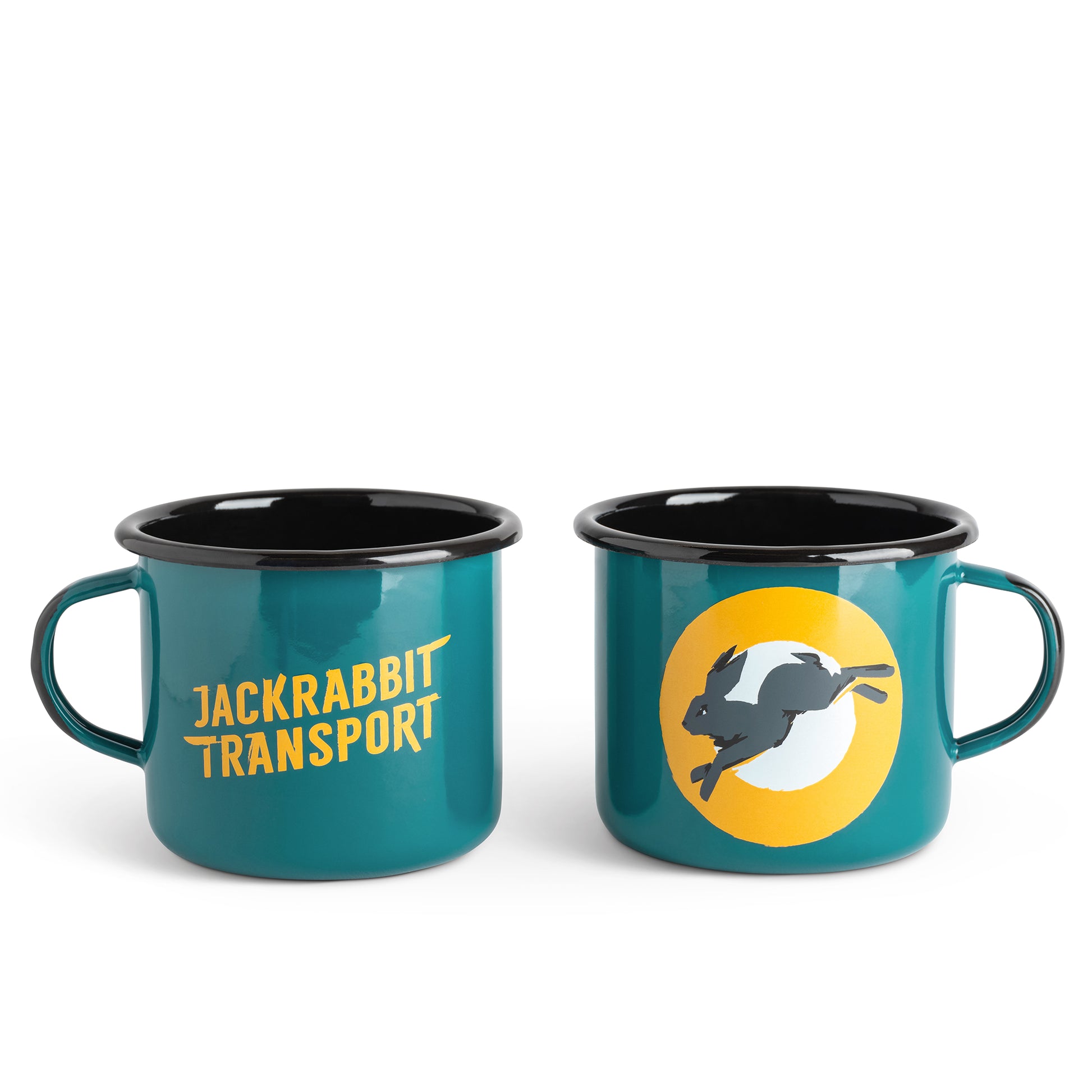 Two teal mugs with black interior and handles, one featuring 'Jackrabbit Transport' text and the other with a jackrabbit logo.