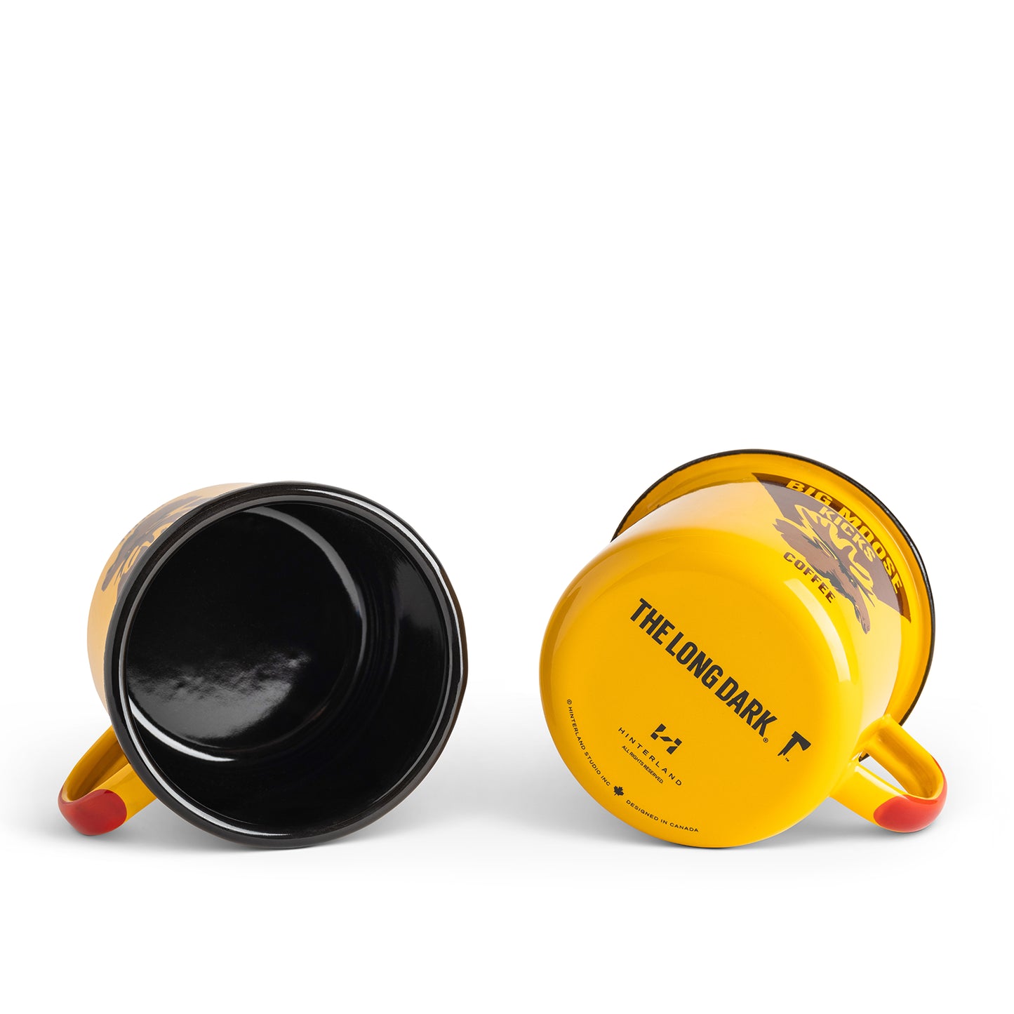 Two mugs, one black and one yellow on a white background.