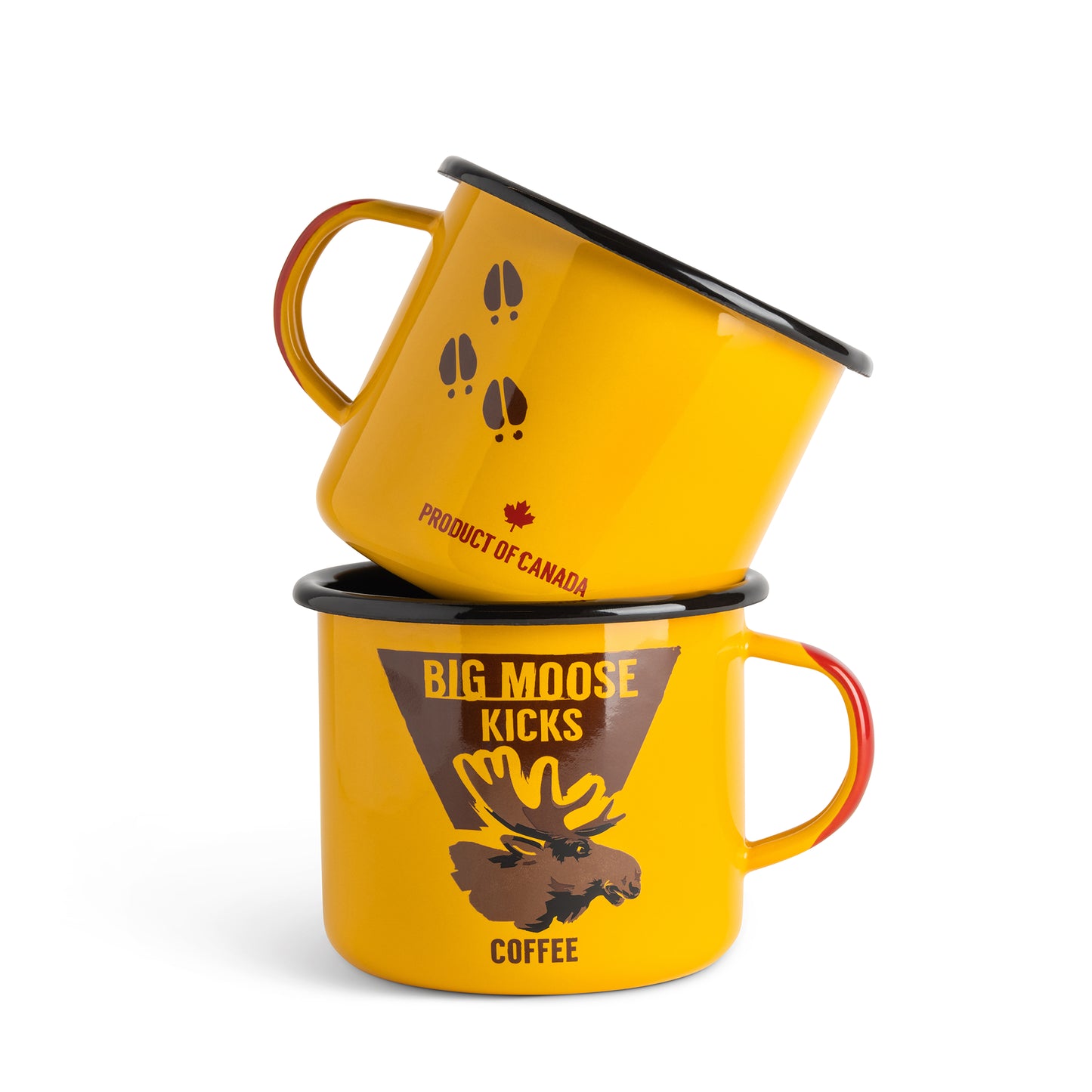 Two yellow mugs with black rim and handle, featuring 'Big Moose Kicks Coffee' branding on a white background.