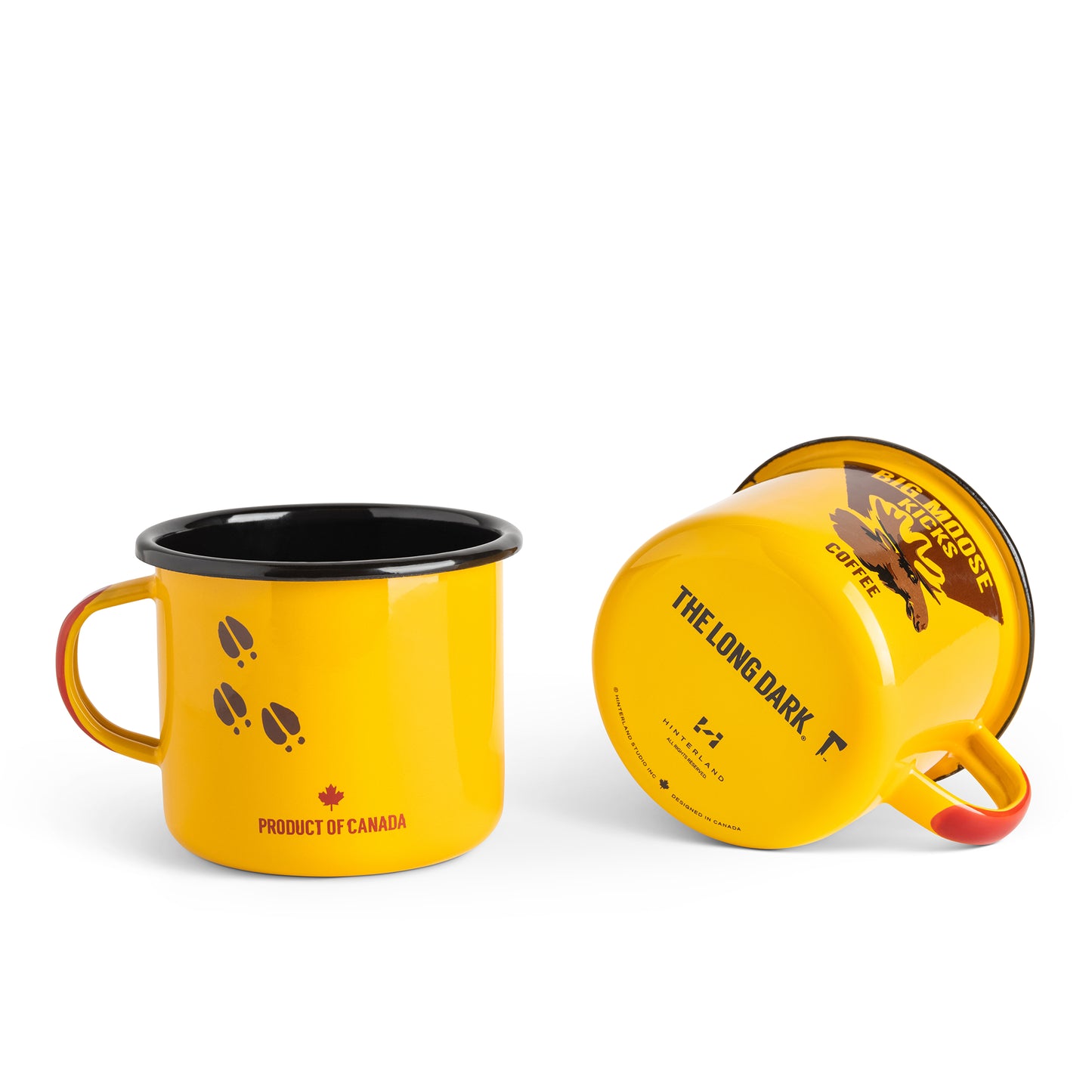 Yellow mug with black interior and red handle, featuring Moose Coffee branding on a white background