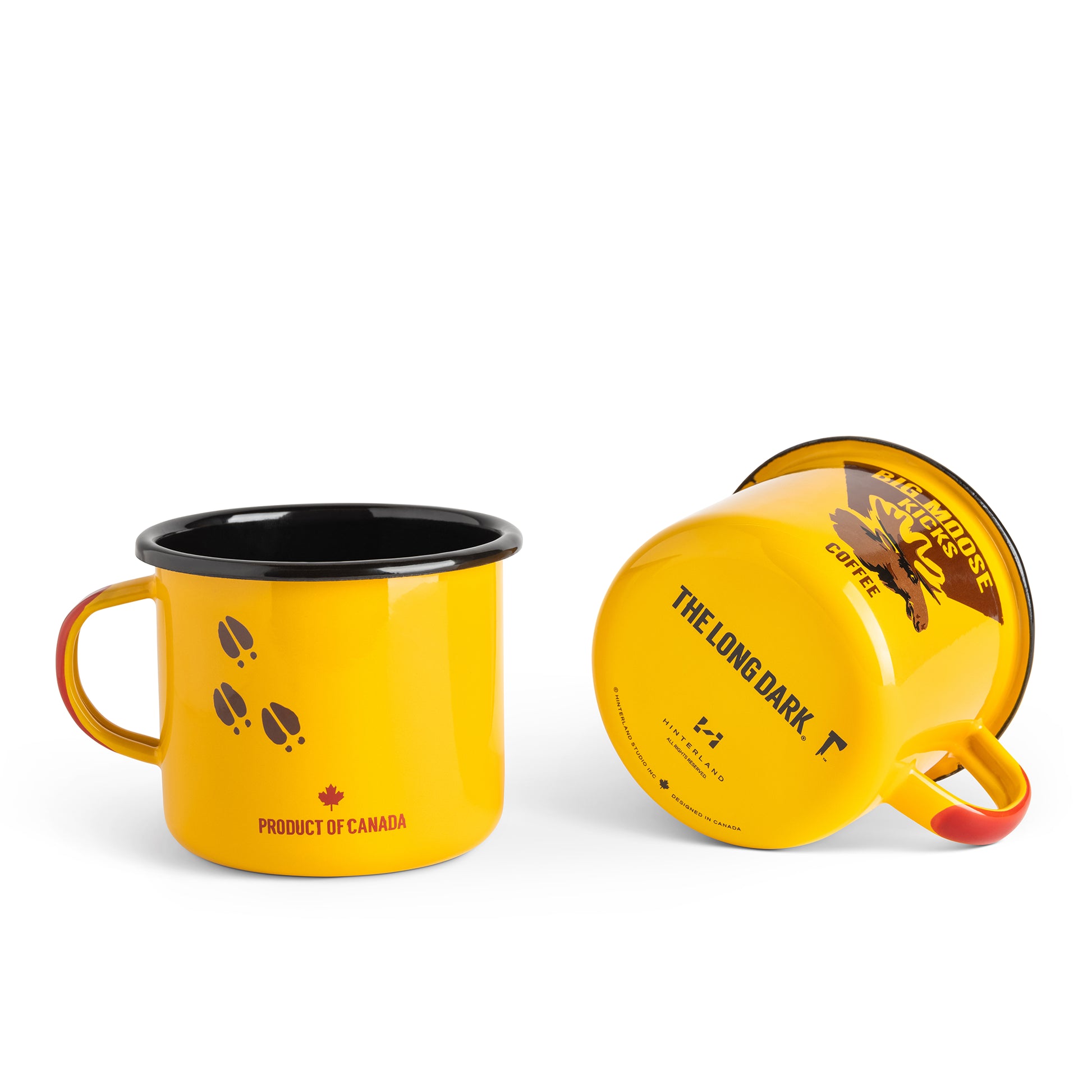 Yellow mug with black interior and red handle, featuring Moose Coffee branding on a white background