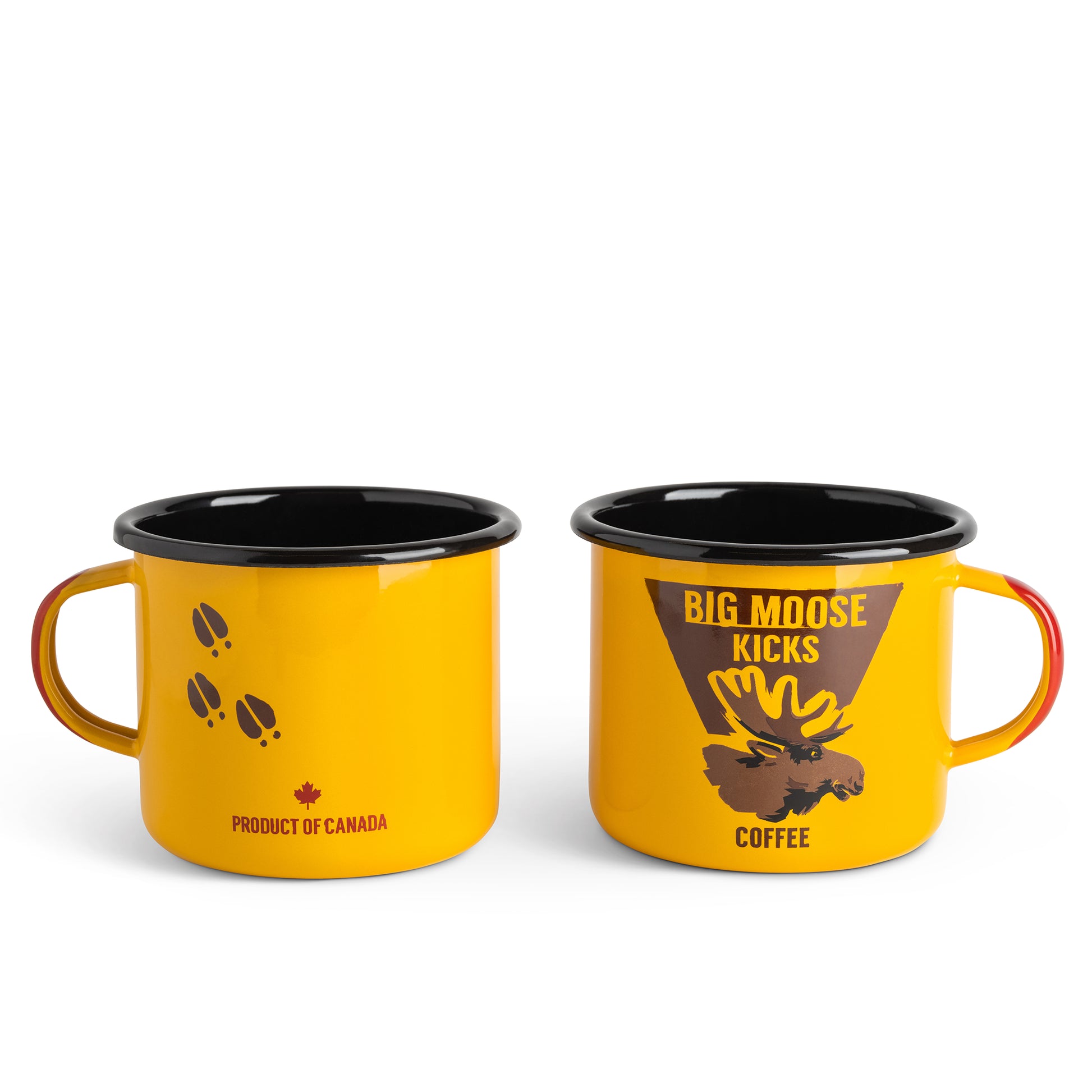 Two yellow mugs with black interior and handle, featuring 'Big Moose Kicks Coffee' branding on a white background.